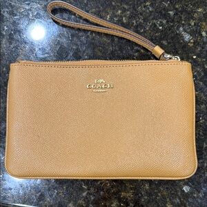Coach Cognac Leather Zip Wristlet with Gold Logo